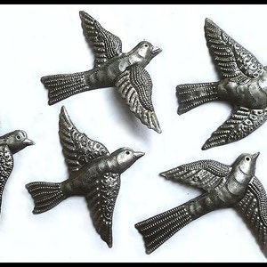 FLOCK OF 5 BIRDS, Metal Art, Bird Wall Hanging, Haitian Steel Oil Drum, Wall Decor, Outdoor Metal Wall Art, Haitian Art - 6" - 7" - B-5-R