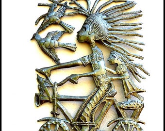 HAITIAN METAL ART, Wall Hook, Metal Towel Hook, Metal Wall Hanging, Mother and Child on Bicycle, Recycled Steel Drum Wall Decor, 2007-hk
