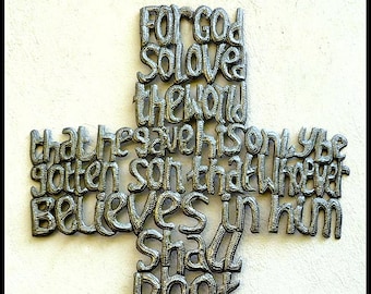 CHRISTIAN WALL ART, Metal Wall Hanging, 25" - Bible Scripture, Christian Cross , Decorative Cross, Christian Wall Decor - John 3:16, 761