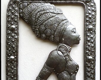 ETHNIC ART, Metal Wall Hanging, African Woman, Wall Art, Metal Art, Steel Drum Metal Art, Metal Wall Decor, Haitian Art, 21" x 32" - W102