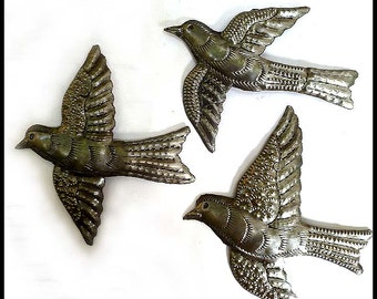 BIRD WALL HANGING, Metal Wall Art, Flock of 3 Birds, Metal Art, Haitian Steel Oil Drum, Wall Decor, Haitian Metal Art - 7" - B-3-L