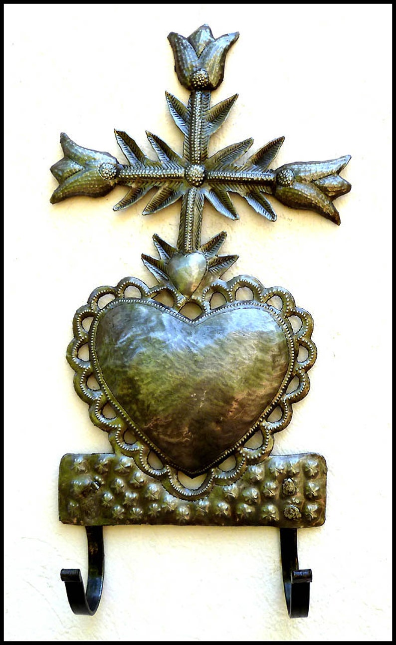 CHRISTIAN WALL ART, Metal Art Cross, Sacred Heart of Jesus, Metal Wall Hook, Haitian Art, Recycled Steel Drum, Metal Wall Art, 2009-hk image 1