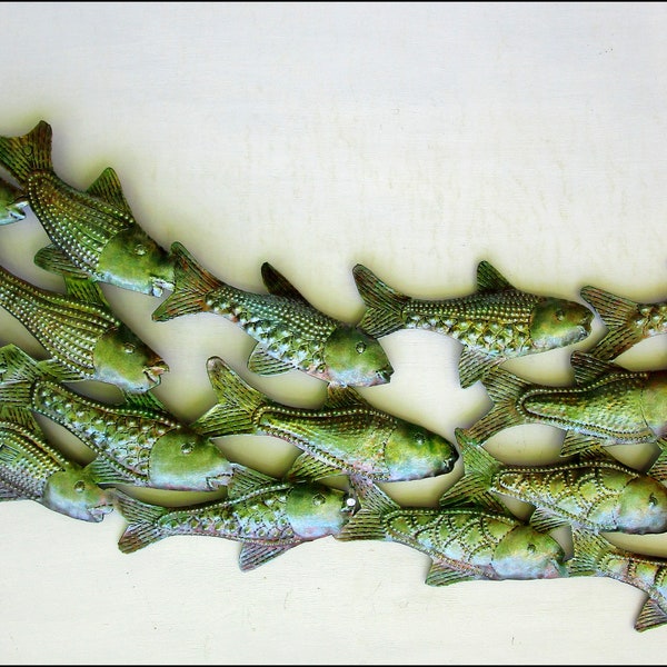 FISH WALL HANGING, School of Fish, Iridescent Finish, 12 x 34, Steel Drum, Metal Fish Wall Decor, Metal Wall Hanging, Haitian Art - F-100-Ir