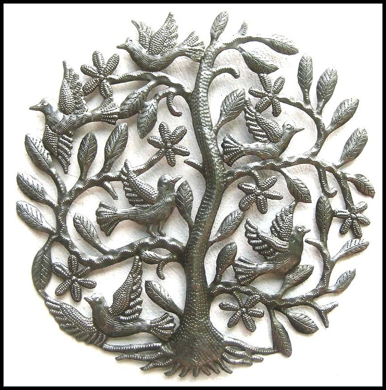 Tree Metal Wall Art Decor Birds Haitian 15 Hanging Recycled Steel Drum E104 R B
