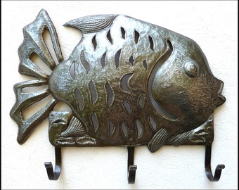 TROPICAL FISH Wall Hook, Metal Towel Hook, Nautical Bathroom Decor, Metal Hook, Haitian Metal Art, Steel Drum Art, Wall Decor, 2001-HK-R