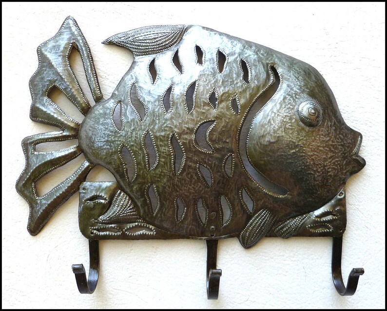 TROPICAL FISH Wall Hook, Metal Towel Hook, Nautical Bathroom Decor, Metal Hook, Haitian Metal Art, Steel Drum Art, Wall Decor, 2001-HK-R image 1