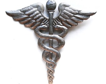 Doctor Symbol, Caduceus, Metal Wall Hanging, Metal Wall Art, 22" x 24", Steel Drum Art, Haitian Recycled Steel Drum, Haitian Art, Dr-100