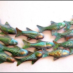 FISH WALL HANGING, School of Fish, Iridescent Finish, 12 x 34, Steel Drum, Metal Fish Wall Decor, Metal Wall Hanging, Haitian Art - F-100-Ir