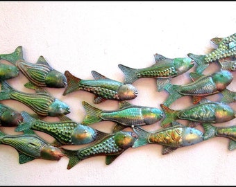 FISH WALL HANGING, School of Fish, Iridescent Finish, 12 x 34, Steel Drum, Metal Fish Wall Decor, Metal Wall Hanging, Haitian Art - F-100-Ir