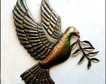 METAL PEACE DOVE w/ Olive Branch, Metal Art, Metal Wall Art, Iridescent Finish, 18", Metal Wall Decor, Haitian Art, Garden Art, 303-17-Ir