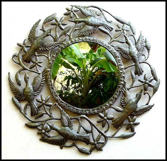 Metal Mirror Wall Hanging Birds Design Decorative Decor 24 Art Haitian Recycled Steel Drum M 124