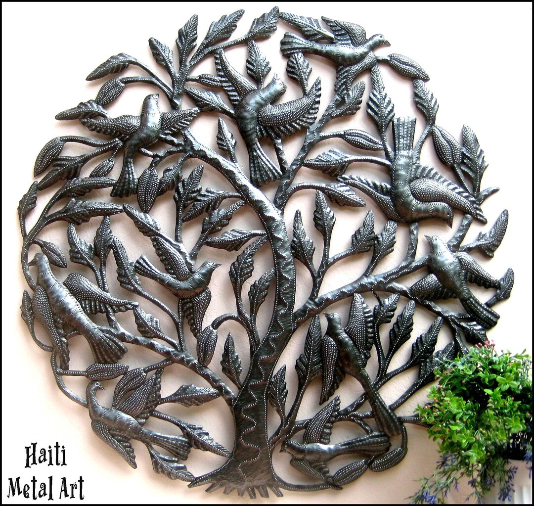 HAITIAN METAL ART, Birds in a Tree Metal Wall Hanging, Metal Wall Art