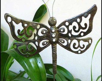 METAL PLANT STAKE, Garden Art,Outdoor Metal Art, Dragonfly, Garden Plant Stick- Outdoor Garden Decor, Steel Drum Art, Haitian Art - ps-1788