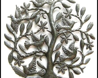 METAL TREE ART, Metal Wall Decor, Metal Wall Decor, Birds, Tree Wall Hanging, Outdoor Metal Art, Haitian Recycled Steel Drum Art, E-104-R