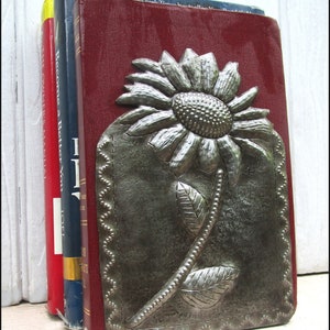 2 METAL BOOKENDS, Pair of Book Ends, Haitian Metal Art, Book Accessories, Sunflower, Recycled Steel Drum, Library, Sunflower Design, Be-121 image 1