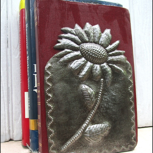 2 METAL BOOKENDS, Pair of Book Ends, Haitian Metal Art, Book Accessories, Sunflower, Recycled Steel Drum, Library, Sunflower Design, Be-121