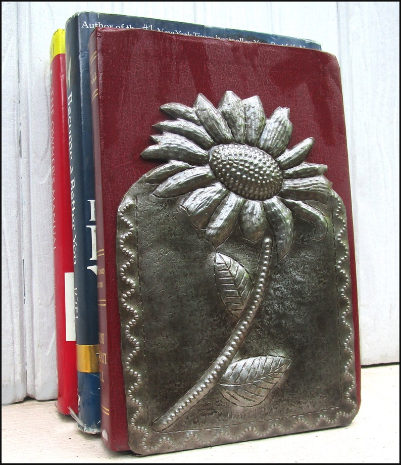 2 METAL BOOKENDS, Pair of Book Ends, Haitian Metal Art, Book Accessories, Sunflower, Recycled Steel Drum, Library, Sunflower Design, Be-121 image 1
