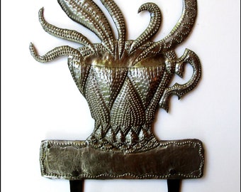 CUP WALL HOOK, Kitchen Metal Wall Art, Haitian Art, Metal Wall Hanging, Metal Art, Metal Art, 7" x 11", Haitian Steel Drum, 580