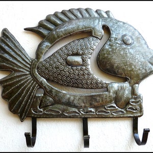 FISH WALL HOOK, Handcrafted Metal Art Towel Hook, Bathroom Decor, Metal Hook, Metal Wall Art. Haitian Art, Recycled Steel Drum, 2003-Hk-R image 1