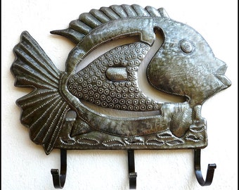 FISH WALL HOOK, Handcrafted Metal Art Towel Hook, Bathroom Decor, Metal Hook, Metal Wall Art. Haitian Art, Recycled Steel Drum, 2003-Hk-R