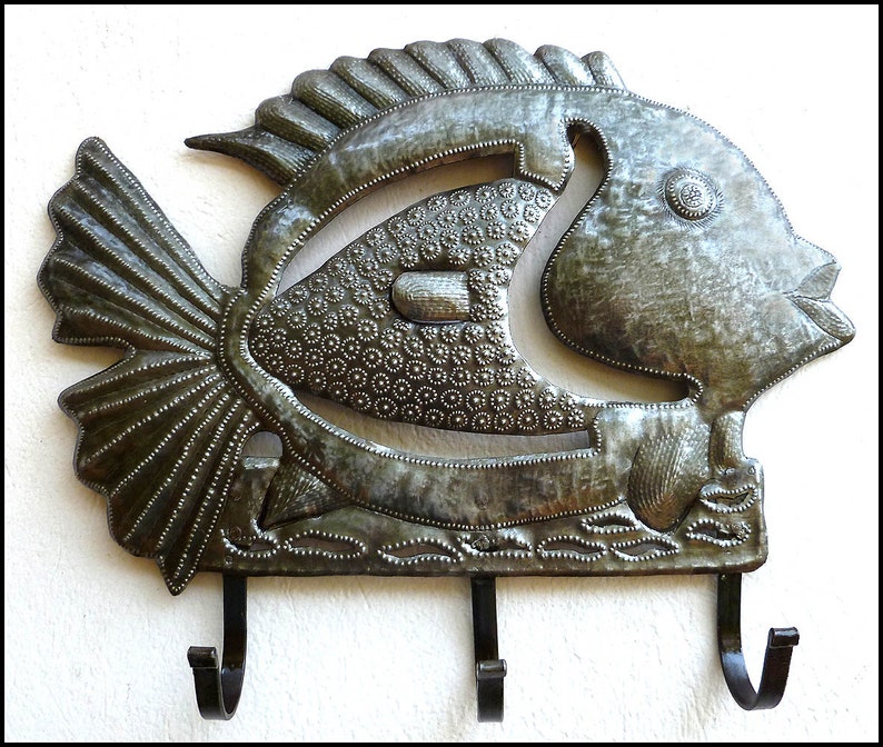 FISH WALL HOOK, Handcrafted Metal Art Towel Hook, Bathroom Decor, Metal Hook, Metal Wall Art. Haitian Art, Recycled Steel Drum, 2003-Hk-R image 1