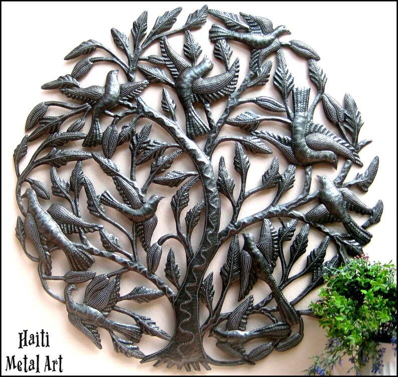 METAL WALL ART, Tree and Birds, Haitian Art, Recycled Steel Drum, Metal Art, Metal Wall Hanging, Metal Garden Art, Metal Wall Decor, 404 image 1