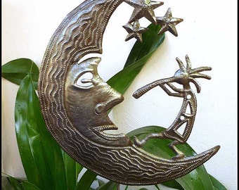 METAL PLANT STAKE, Garden Art, Moon & Kokopelli, Garden Plant Marker, Outdoor Metal Art, Metal Plant Stick, 11" x 12", Haitian Art, ps-1791