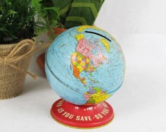 Vintage World Globe Bank, Small Globe Bank, Ohio Art World Bank