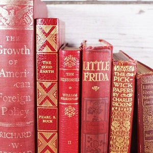 6 Antique Red Books Decorative Hardcover Old Vintage Shabby
