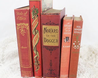 6 Antique Red Books Decorative Hardcover Old Vintage Shabby Book