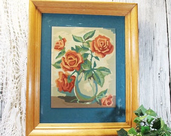 Paint by Number Roses in Oak Frame, Vintage PBN