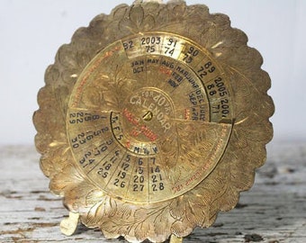 Brass Calendar, 40 Year Calendar, Vintage Round Brass Desk Calendar with Easel Stand, 1968 - 2008, etched