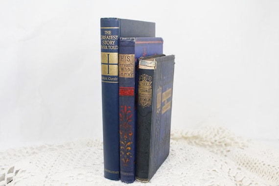 アンティーク ブルー ゴールド ギルト背表紙本 3 冊、1872 年 Sanford