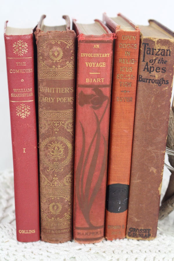 Vintage Books/50cm Set 【RED】洋書　古書　アンティーク Buy 5 Antique Red and Brown Books, Vintage Books, Antique Book Set