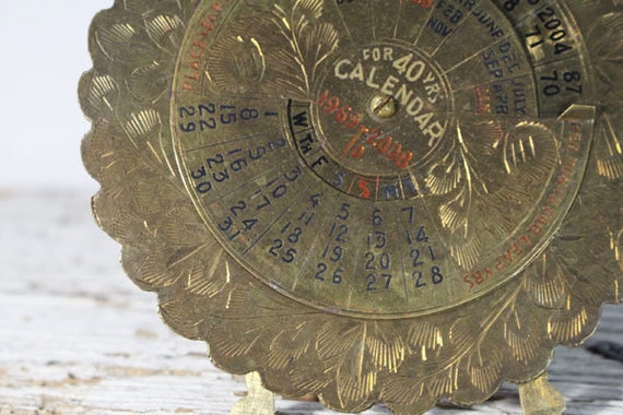 Brass Calendar, 40 Year Calendar, Vintage Round Brass Desk Brass Calendar, 40 Year Calendar, Vintage Round Brass Desk