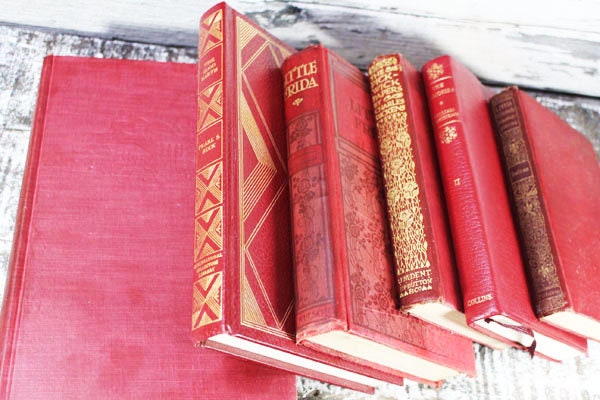 6 Antique Red Books Decorative Hardcover Old Vintage Shabby