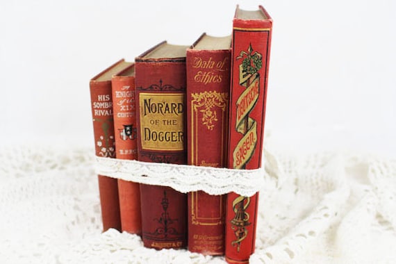 5 Antique 1800's Red With Gold Books, Vintage Books, Antique Book