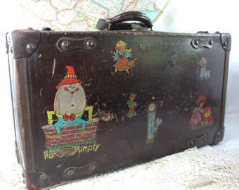 Vintage Suitcase, Vintage Luggage, Child&#39;s Suitcase with stickers