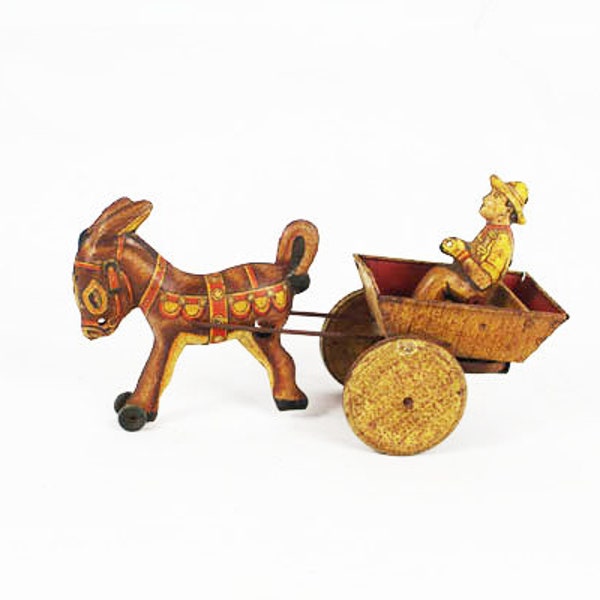 Marx Tin Donkey and Cart, Vintage Wind Up Toy