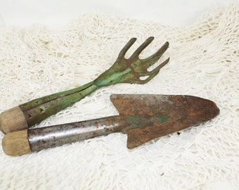 Vintage Hand Cultivator and Hand Shovel, Garden Cultivator, Green Cultivator and Shovel