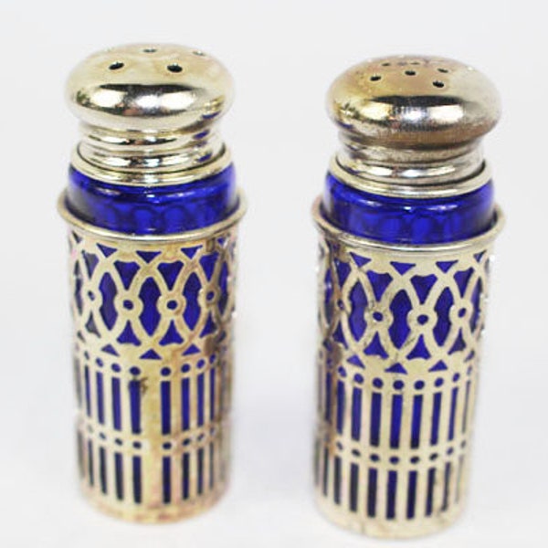 Salt and Pepper Shakers, Blue Glass and Silver