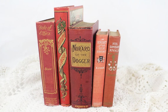 5 Antique 1800's Red With Gold Books, Vintage Books, Antique Book 5 Antique 1800's Red With Gold Books, Vintage Books, Antique Book