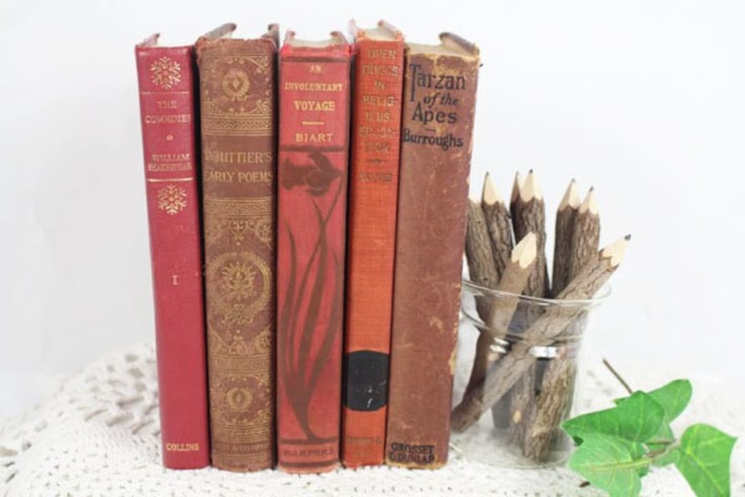 5 Antique Red and Brown Books, Vintage Books, Antique Book