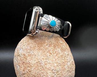Custom Leather Apple Watch Band Vintage Southwestern Design Sterling Silver Turquoise Zuni Tips Signed Mary Ann Edaaki