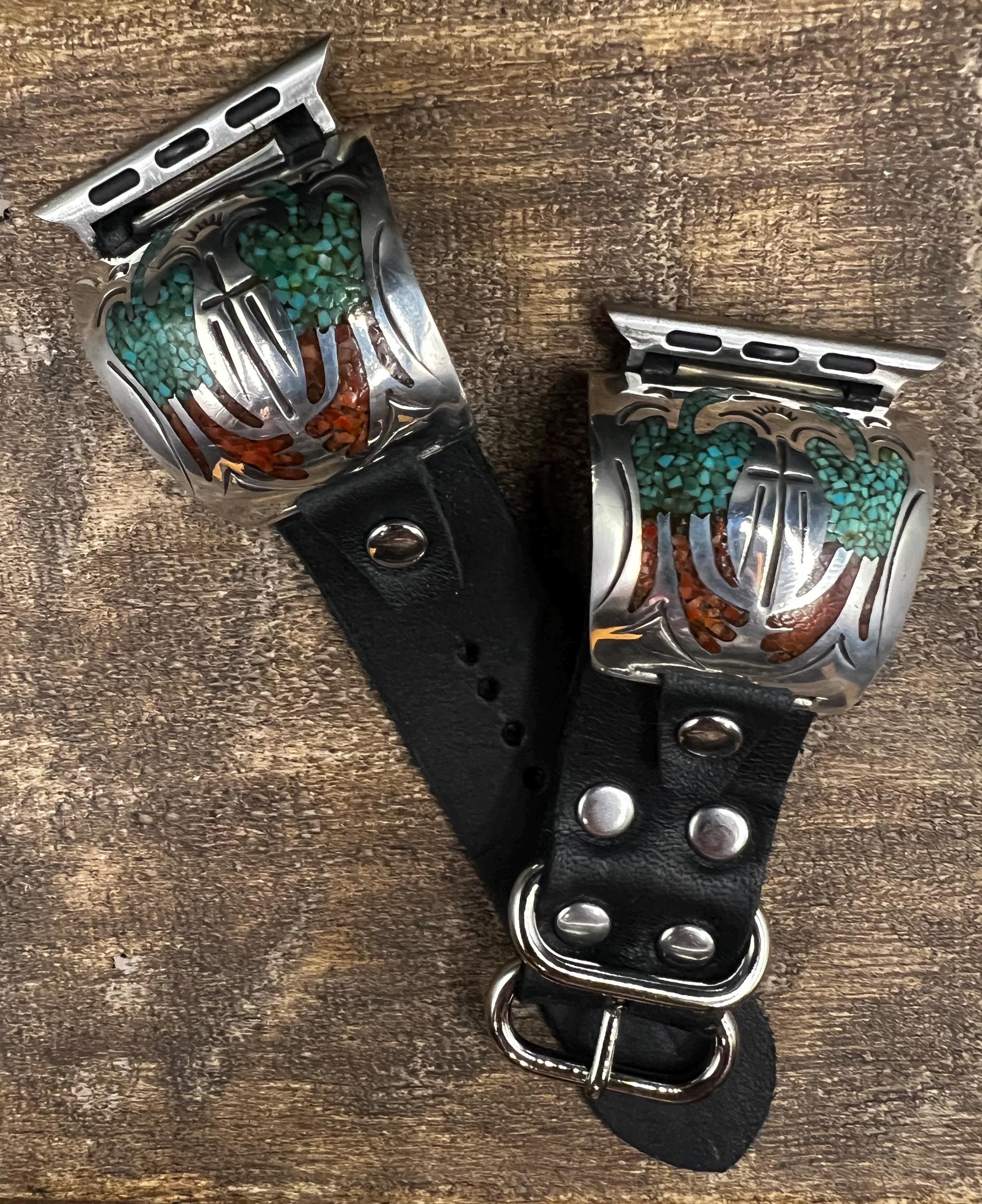 Vintage Native American Mother Of Pearl & Sterling Silver Watch Tips 9mm lug Navajo Sterling Silver Watch Tips -Turquoise (65bc40  main image 2