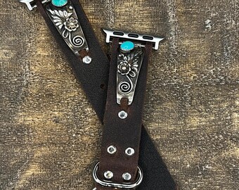 Custom Brown Leather Apple Watch Band Vintage Boho Style Sterling Silver and Turquoise Tips