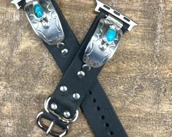 Custom Made Black Leather Apple Watch Band Southwestern Style With Sterling Silver And Turquoise Tips