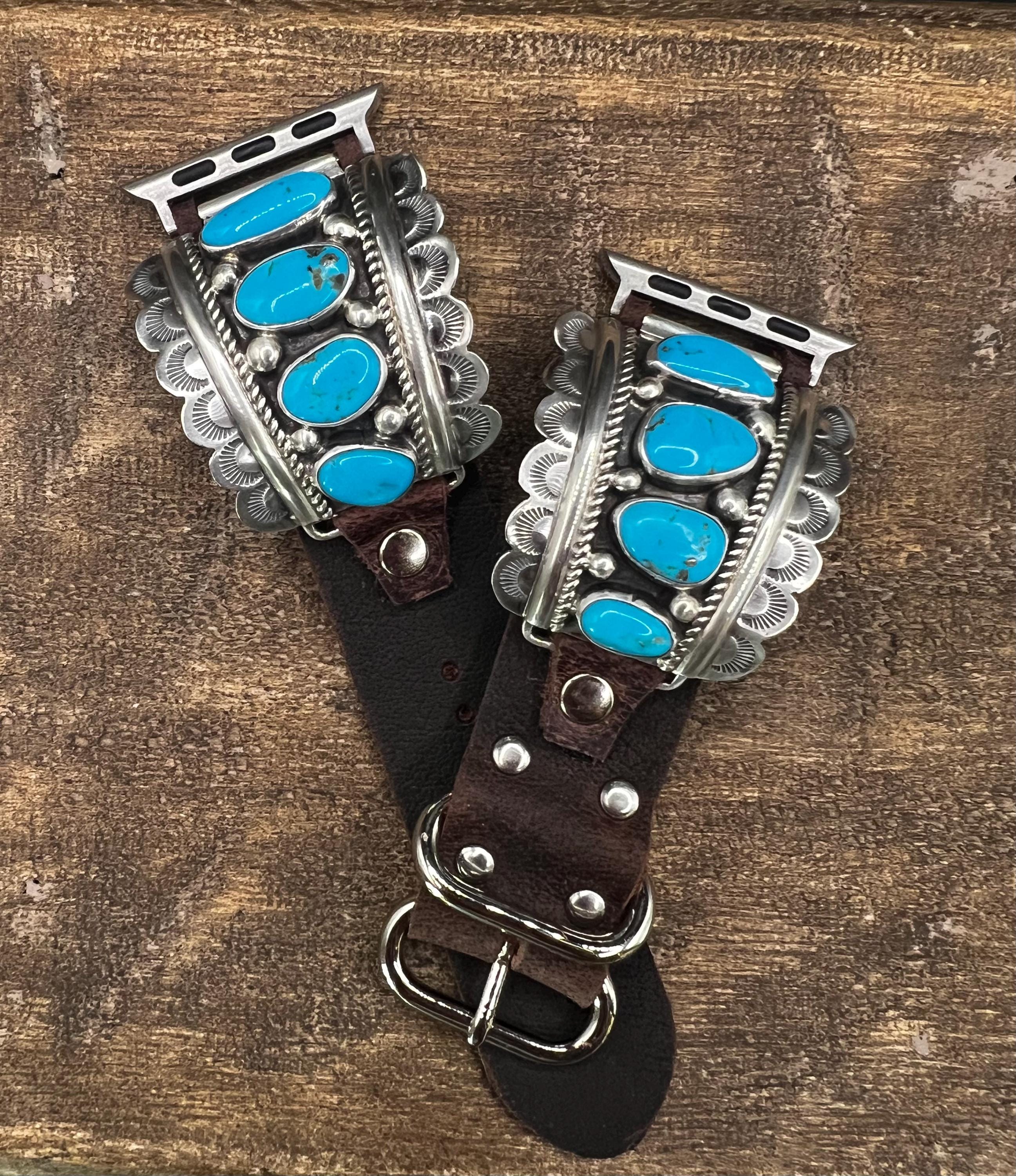 Stunning Leather Apple Watch Band Southwestern Style Vintage Sterling Silver Large Turquoise Stone Tips Navajo Made Signed (Tommy Moore)