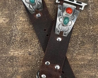 Custom Brown Leather Apple Watch Band Southwestern Style Vintage Sterling Silver Turquoise And Coral Navajo Tips Signed-L Begay