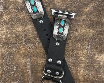 Handmade Black Leather Apple Watch Band: Southwestern Sterling Silver Turquoise Tips